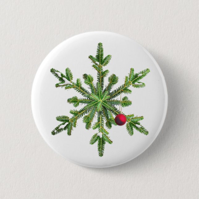 Weihnachtsschneeflocke an Kiefernzweigen Button (Vorderseite)