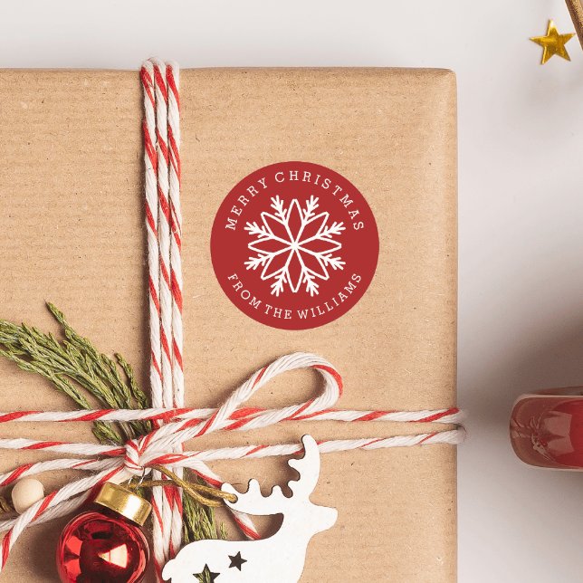 Weihnachtsschneeflocke Personalisierte, benutzerde Runder Aufkleber (RED SNOWFLAKE THEMED ROUND STICKER WITH CUSTOM TEXT)