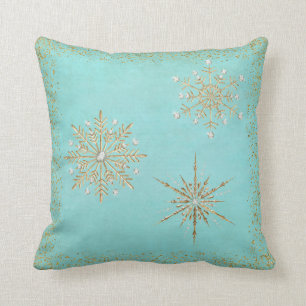 Weihnachtsschneeflocken Aqua & Gold Glitzer Kissen