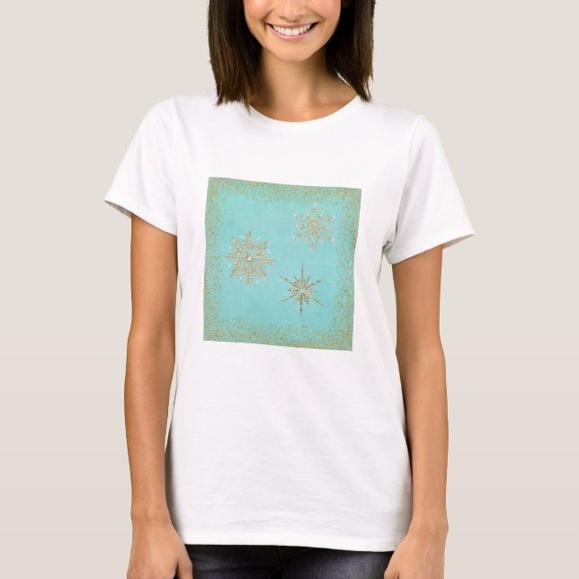 Weihnachtsschneeflocken Aqua & Gold T-Shirt (Vorderseite)