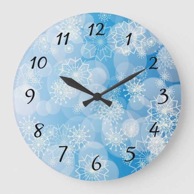 Weihnachtsschneeflocken auf blauem Hintergrund Große Wanduhr (Vorderseite)