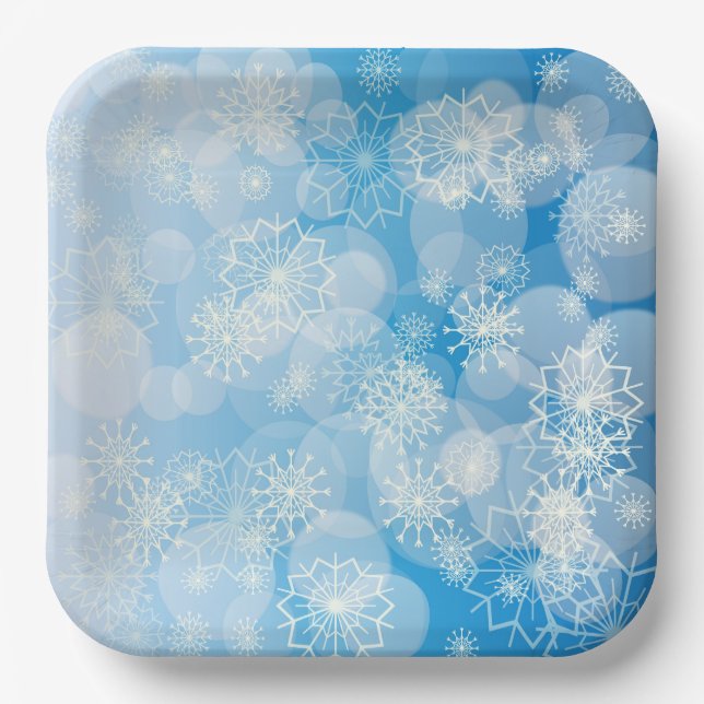 Weihnachtsschneeflocken auf blauem Hintergrund Pappteller (Vorderseite)