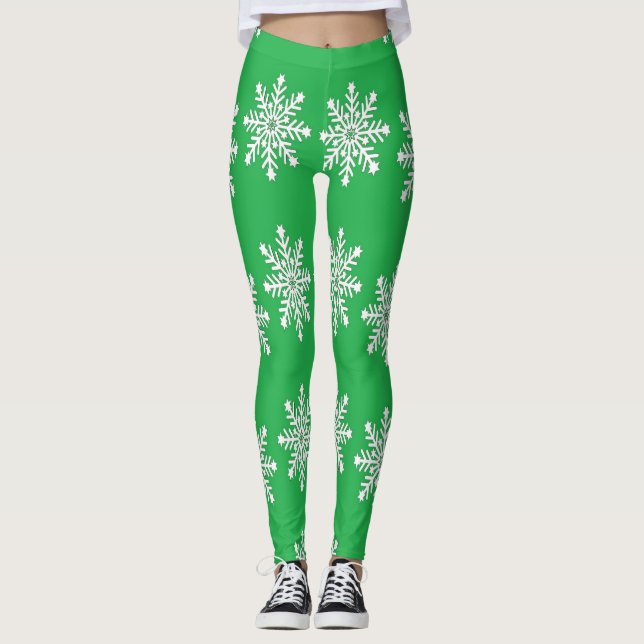 Weihnachtsschneeflocken auf Grün Leggings (Vorderseite)