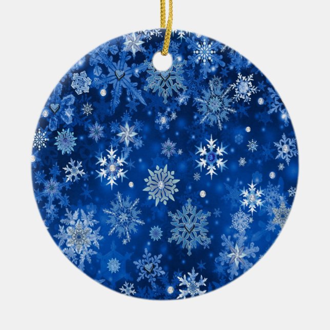 Weihnachtsschneeflocken Blau und Silber Keramikornament (Vorne)