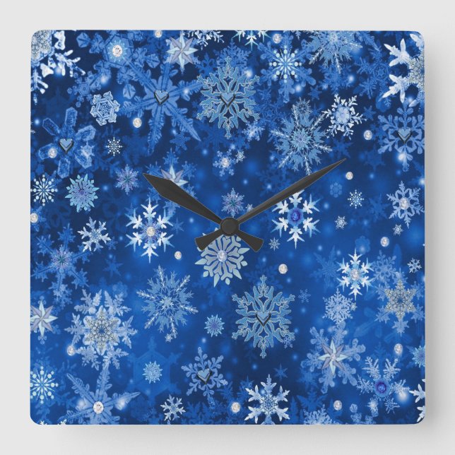 Weihnachtsschneeflocken Blau und Silber Quadratische Wanduhr (Vorderseite)