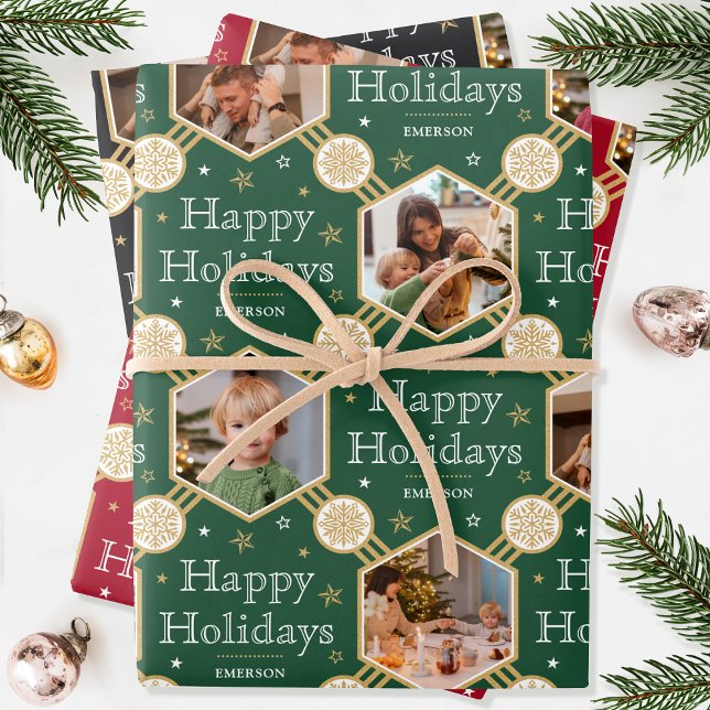 Weihnachtsschneeflocken Foto Grün Rot Schwarz 3 Geschenkpapier Set (Von Creator hochgeladen)