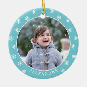 Weihnachtsschneeflocken Foto Name Blau Keramik Ornament