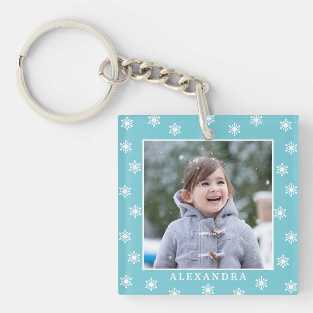 Weihnachtsschneeflocken Foto Name Blau Schlüsselanhänger (Vorderseite)