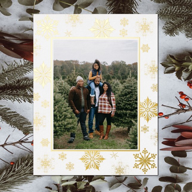 Weihnachtsschneeflocken Foto | weiß Folien Feiertagspostkarte (White Christmas Snowflakes Photo Gold Foil Holiday Card)