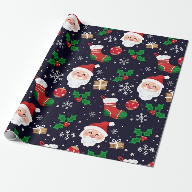 Weihnachtsschneeflocken Geschenkpapier (A festive wrapping paper featuring cheerful Santa faces, stocking, and holiday motifs.  )