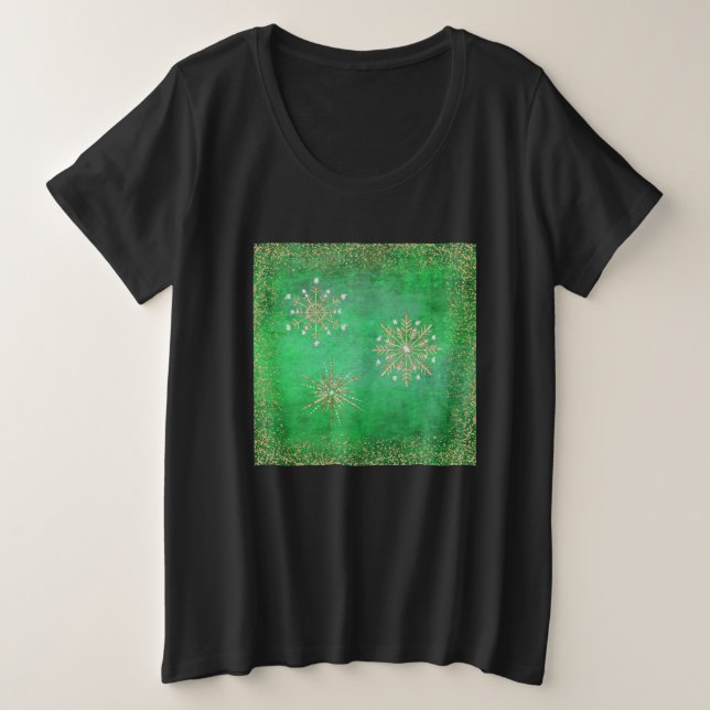 Weihnachtsschneeflocken Green & Gold Glitzer Plus  Große Größe T-Shirt (Design vorne)