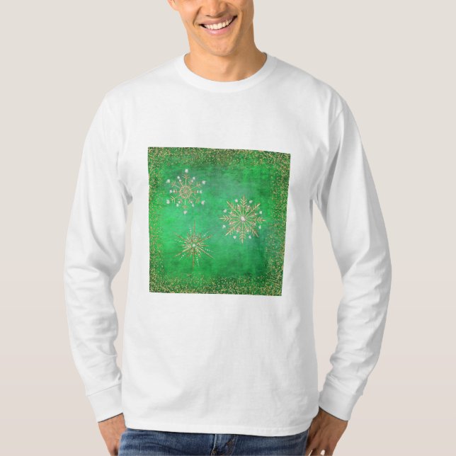 Weihnachtsschneeflocken Grün & Gold Glitzer T-Shirt (Vorderseite)