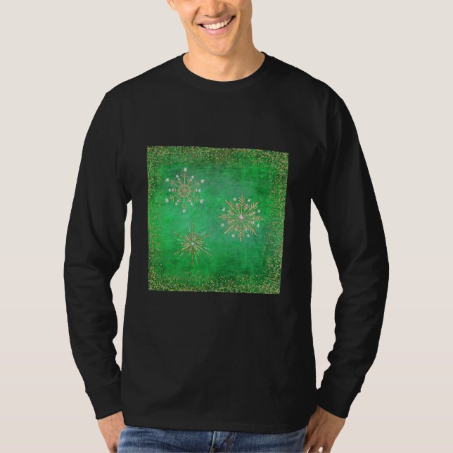 Weihnachtsschneeflocken Grün & Gold Glitzer T-Shirt (Vorderseite)