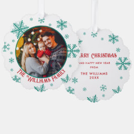 Weihnachtsschneeflocken Grünes Rotes Foto Ornament Karte