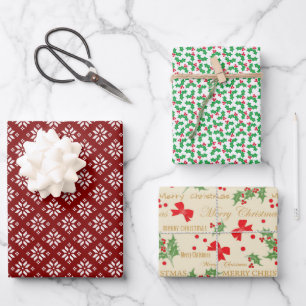 Weihnachtsschneeflocken, Holly Berries und Bows Geschenkpapier Set
