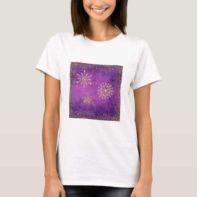 Weihnachtsschneeflocken Lila & Gold Glitzer T-Shirt (Vorderseite)