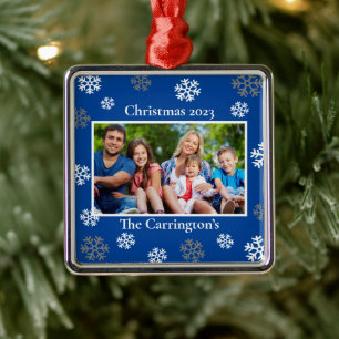 Weihnachtsschneeflocken Name Datum Blauer Foto ode Ornament Aus Metall