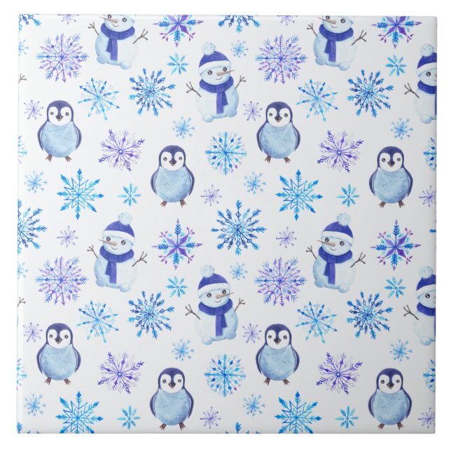 Weihnachtsschneeflocken, Schneemänner und Pinguine Fliese (Vorderseite)