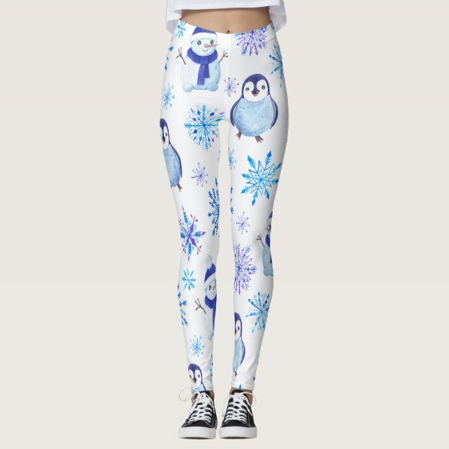 Weihnachtsschneeflocken, Schneemänner und Pinguine Leggings (Vorderseite)