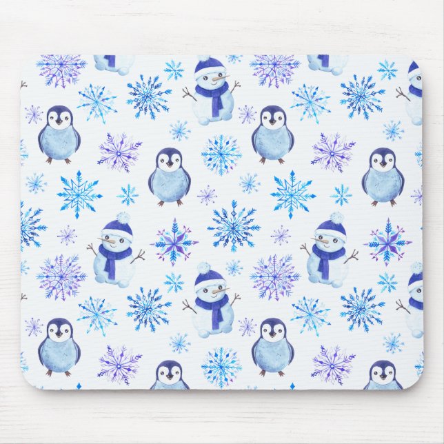 Weihnachtsschneeflocken, Schneemänner und Pinguine Mousepad (Vorne)