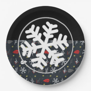 Weihnachtsschneeflocken und Blätter mit schwarzer  Pappteller