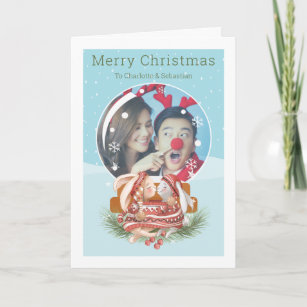 Weihnachtsschneeglobe und Rabbit Couple Fotokarte Feiertagskarte
