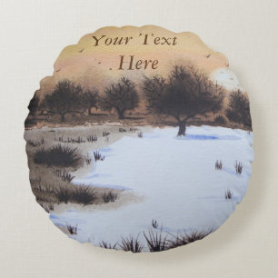 Weihnachtsschneelandschaft mit Schnee bedeckte Rundes Kissen