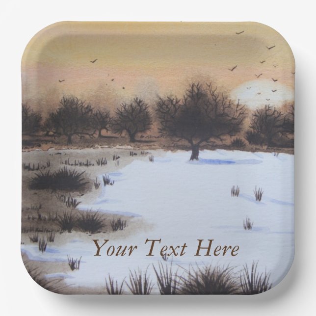 Weihnachtsschneelandschaft mit schneebedeckten Bäu Pappteller (Vorderseite)