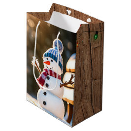 Weihnachtsschneemann auf einer Parkbank Mittlere Geschenktüte
