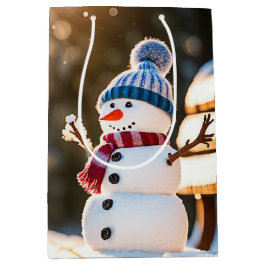 Weihnachtsschneemann auf einer Parkbank Mittlere Geschenktüte
