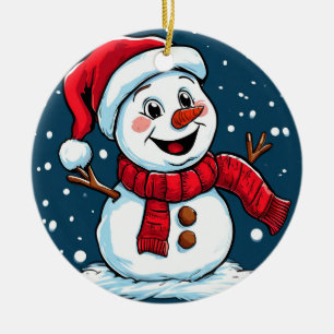 Weihnachtsschneemann-Cartoon mit Santamütze Keramik Ornament