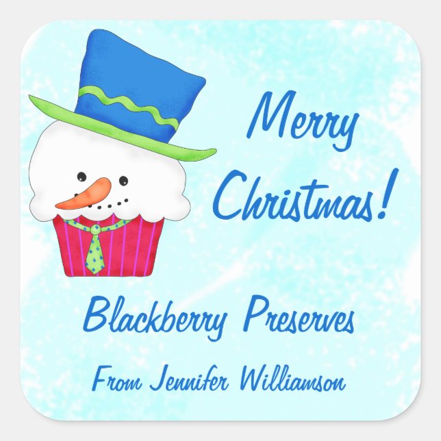Weihnachtsschneemann Cupcake Custom Food Jay Label Quadratischer Aufkleber (Vorderseite)