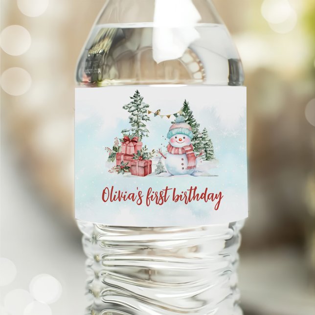 Weihnachtsschneemann Erster Geburtstag Wasserflaschenetikett (Von Creator hochgeladen)