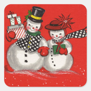 Weihnachtsschneemann im Vintage-Stil Quadratischer Aufkleber