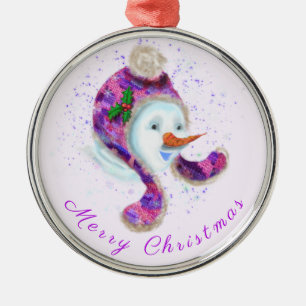 Weihnachtsschneemann in Lila Beanie-Hut Ornament Aus Metall