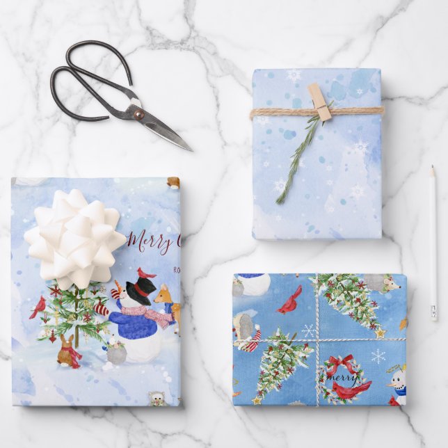 Weihnachtsschneemann Kardinal Deer Snowflake Geschenkpapier Set (Vorderseite)
