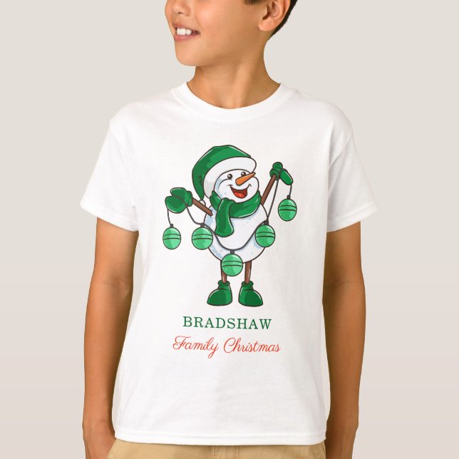 Weihnachtsschneemann mit Baubles Familie Matching T-Shirt (Vorderseite)