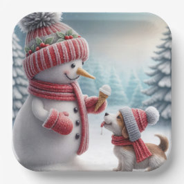 Weihnachtsschneemann mit Hund Pappteller
