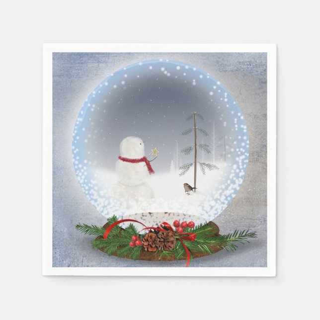 Weihnachtsschneemann mit Stern in der Schneekugel Serviette (Vorderseite)