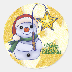 Weihnachtsschneemann mit Stern Runder Aufkleber