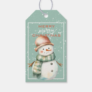 Weihnachtsschneemann mit Türkis-Schal und brauner Geschenkanhänger