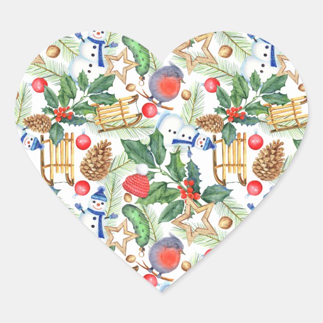 Weihnachtsschneemann, Pine Cones, Holly, Sled, Sta Herz-Aufkleber (Vorderseite)