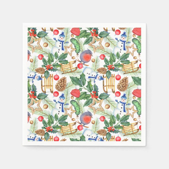 Weihnachtsschneemann, Pine Cones, Holly, Sled, Sta Serviette (Vorderseite)