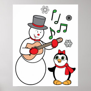 Weihnachtsschneemann, Pinguin und Gitarre Poster