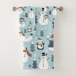 Weihnachtsschneemann, Pinguine und Bäume Badhandtuch Set