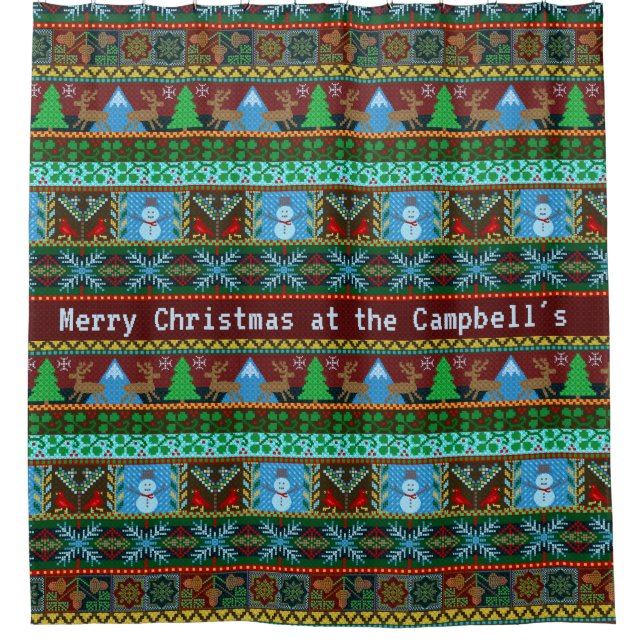 Weihnachtsschneemann Reindeer | Familienname Duschvorhang (Vorderseite)