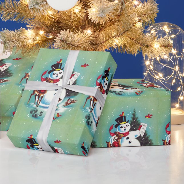 Weihnachtsschneemann spielen mit Tieren Geschenkpapier (Feiertage)