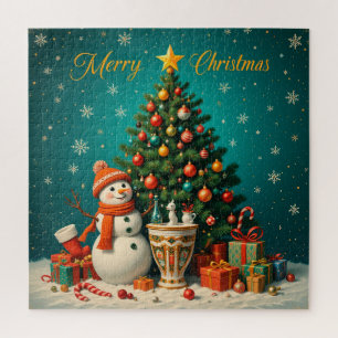 Weihnachtsschneemann und Christbaum mit Geschenken Puzzle