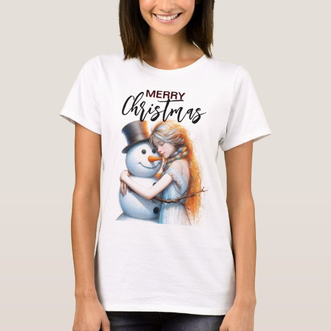 Weihnachtsschneemann und ein Mädchen T-Shirt (Vorderseite)