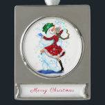 Weihnachtsschneemann und Girl Dance Banner-Ornament Silber<br><div class="desc">Happy Snowman und Girl Dance Tango Weihnachts Party Spaß Cartoon Zeichnend - Wählen / Fügen Sie Ihren einzigartigen Text / Name / Farbe - Make Your Special Gift - Neu vergrössern und verschieben oder entfernen und fügen Sie Elemente / Text mit Anpassungs-Tool ! Zeichn und Design von MIGNED. Bitte schauen...</div>